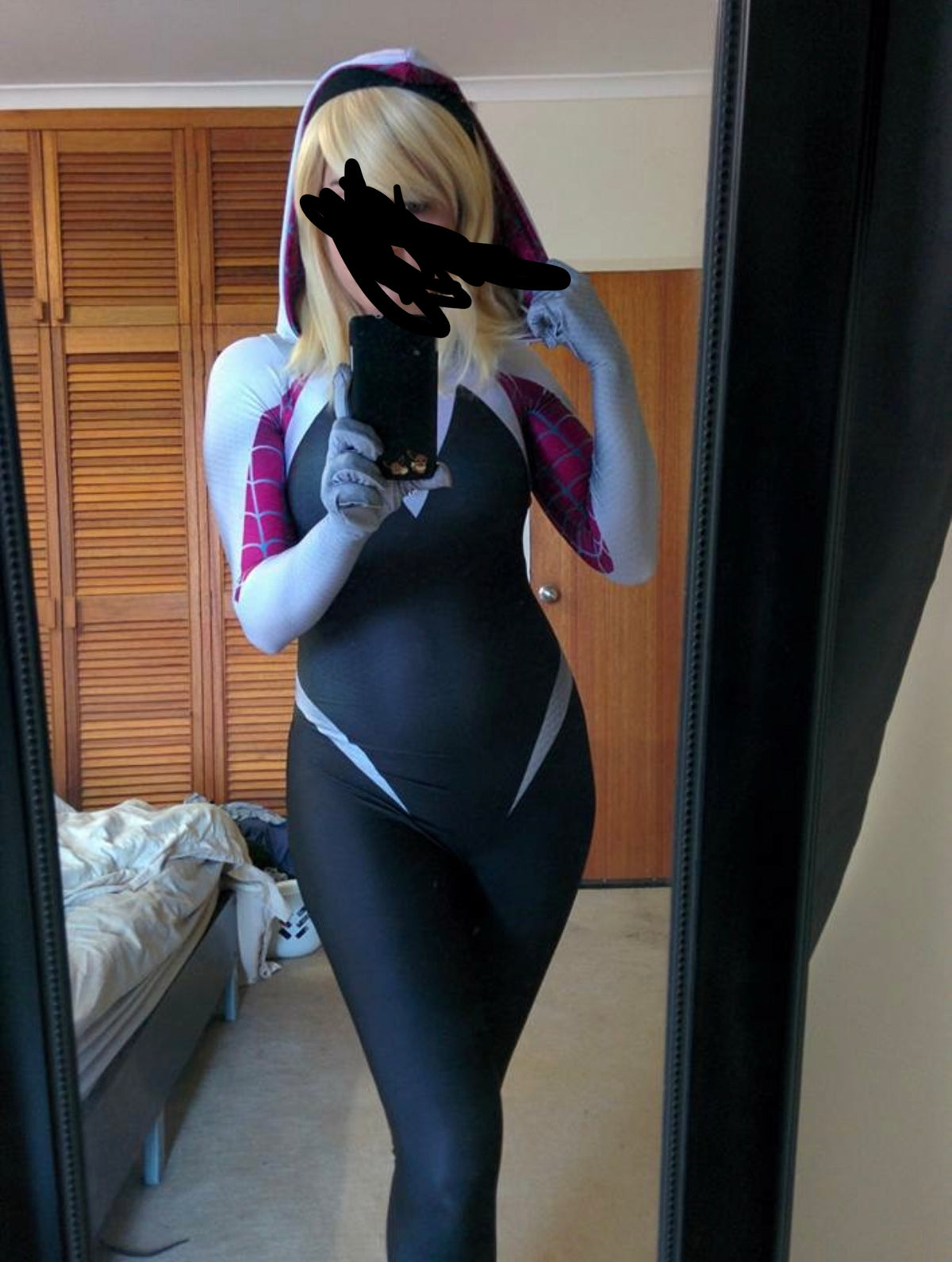 Person wearing a custom handmade Spider Gwen, Ghost Spider, Gwen Stacy Spider-Woman Suit