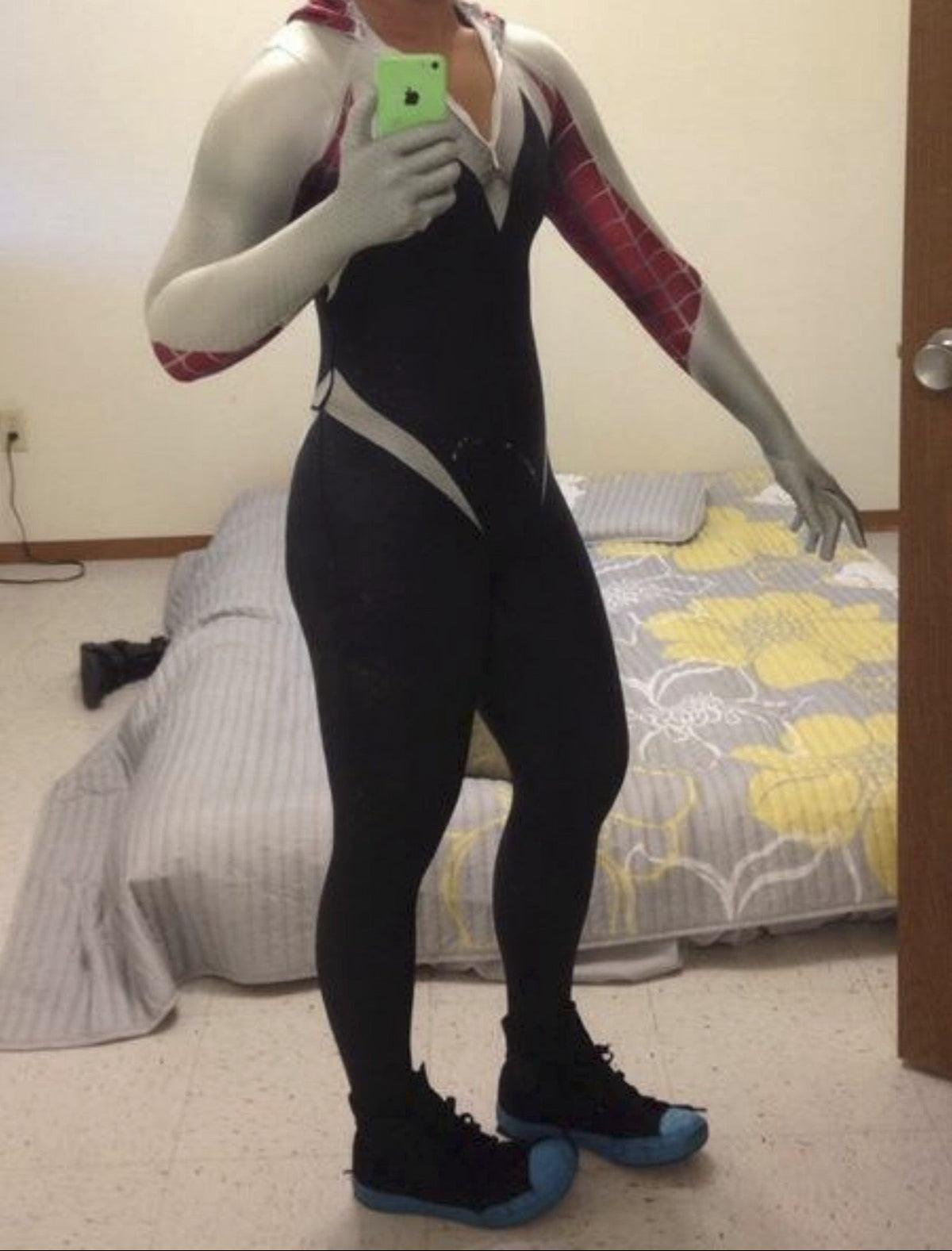 Person wearing a custom handmade Spider Gwen, Ghost Spider, Gwen Stacy Spider-Woman Suit