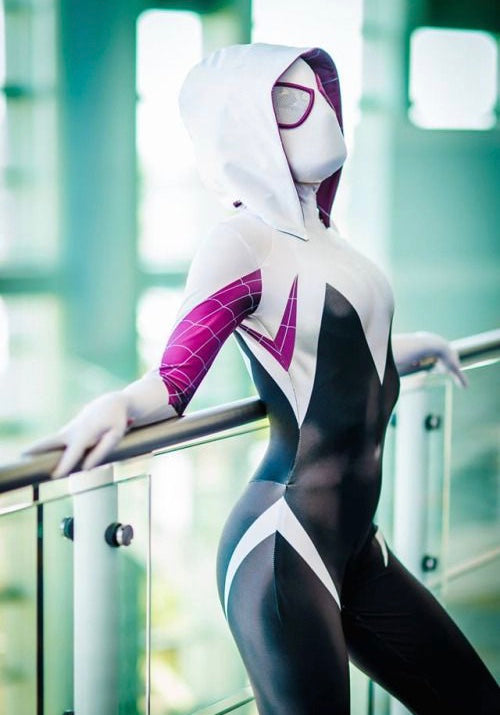 Person wearing a custom handmade Spider Gwen, Ghost Spider, Gwen Stacy Spider-Woman Suit