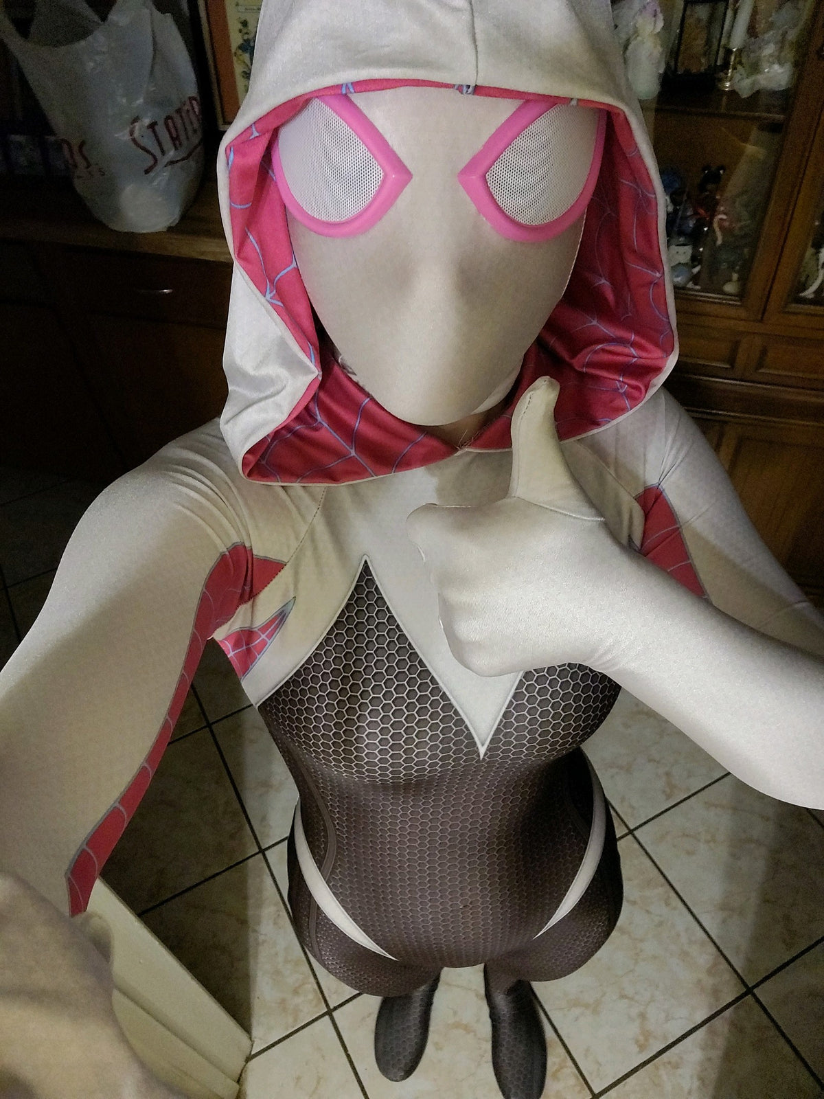 Person wearing a custom handmade Spider Gwen, Ghost Spider, Gwen Stacy Spider-Woman Suit