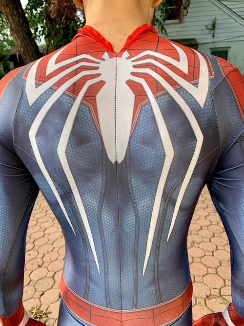 Person wearing a custom handmade Insomniac Spider-Man Suit