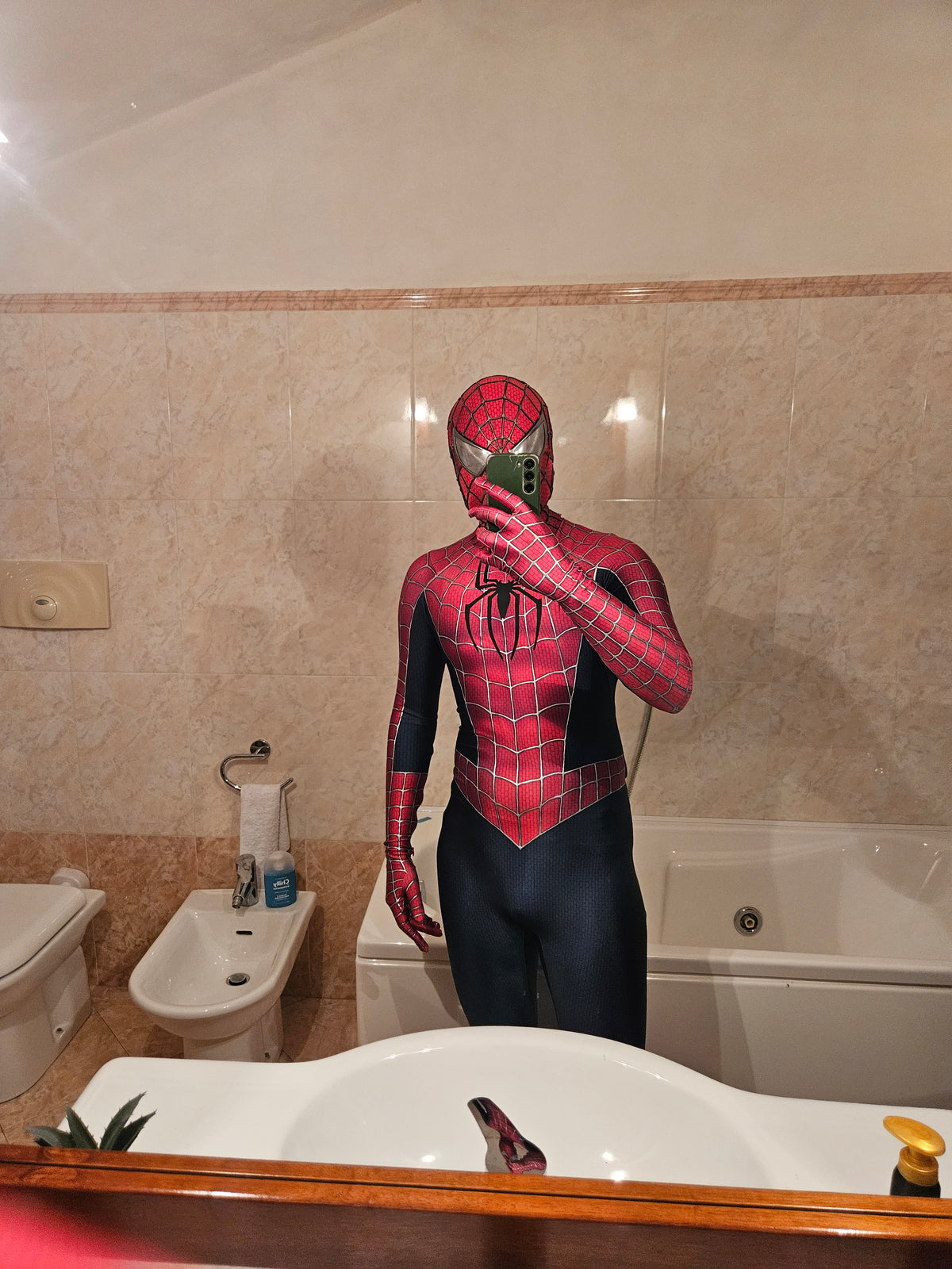 Person wearing a custom handmade Raimi Spider-Man 2000's replica suit