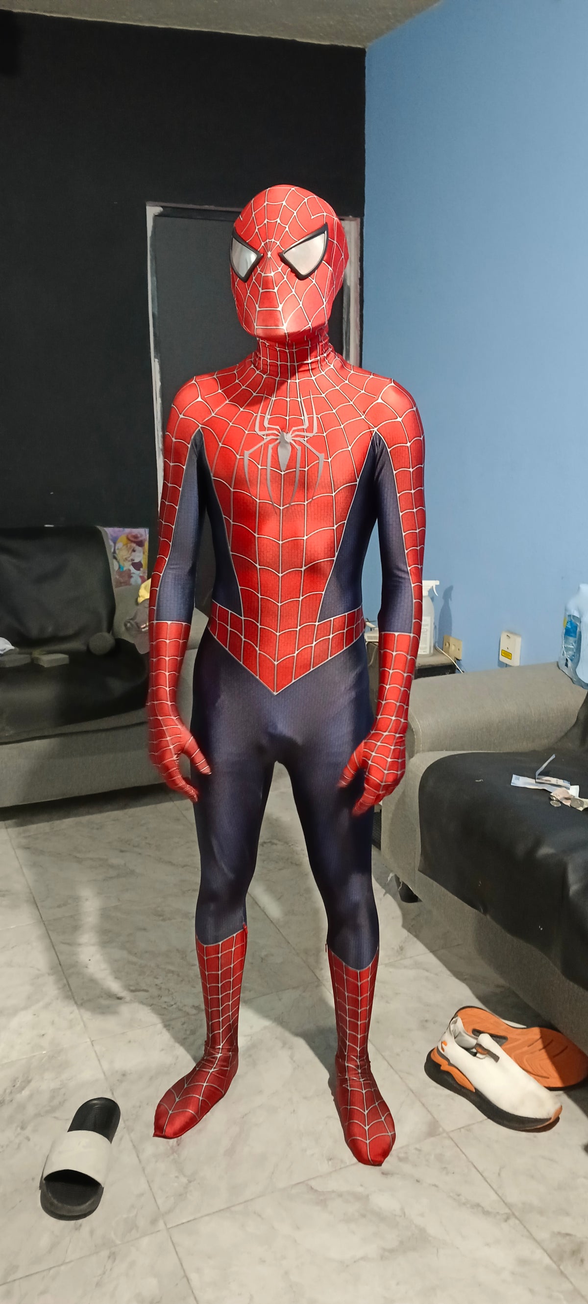 Person wearing a custom handmade Raimi Spider-Man 2000's replica suit