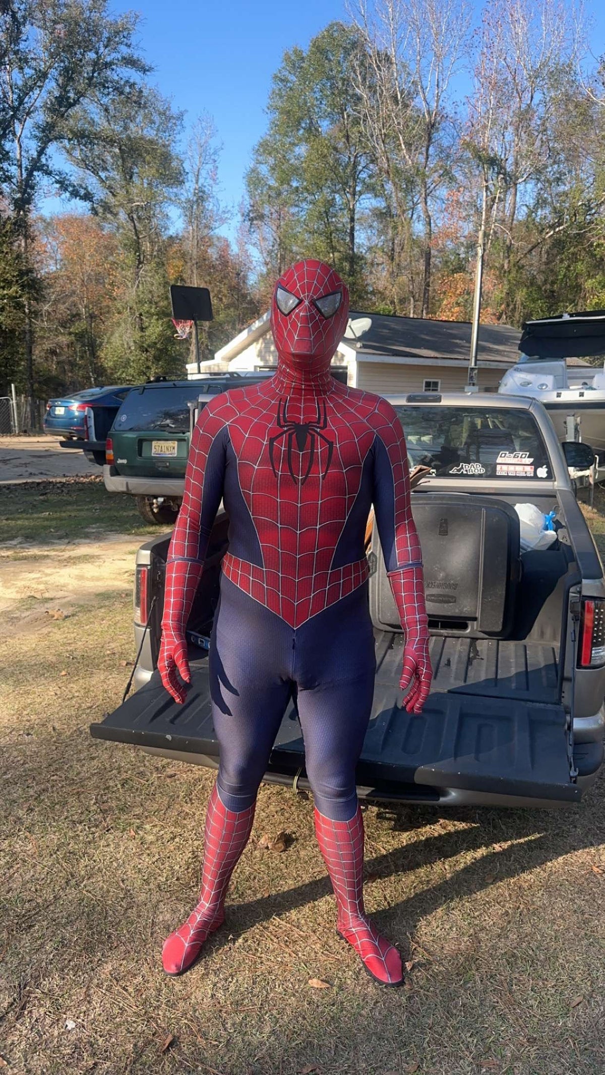 Person wearing a custom handmade Raimi Spider-Man 2000's replica suit