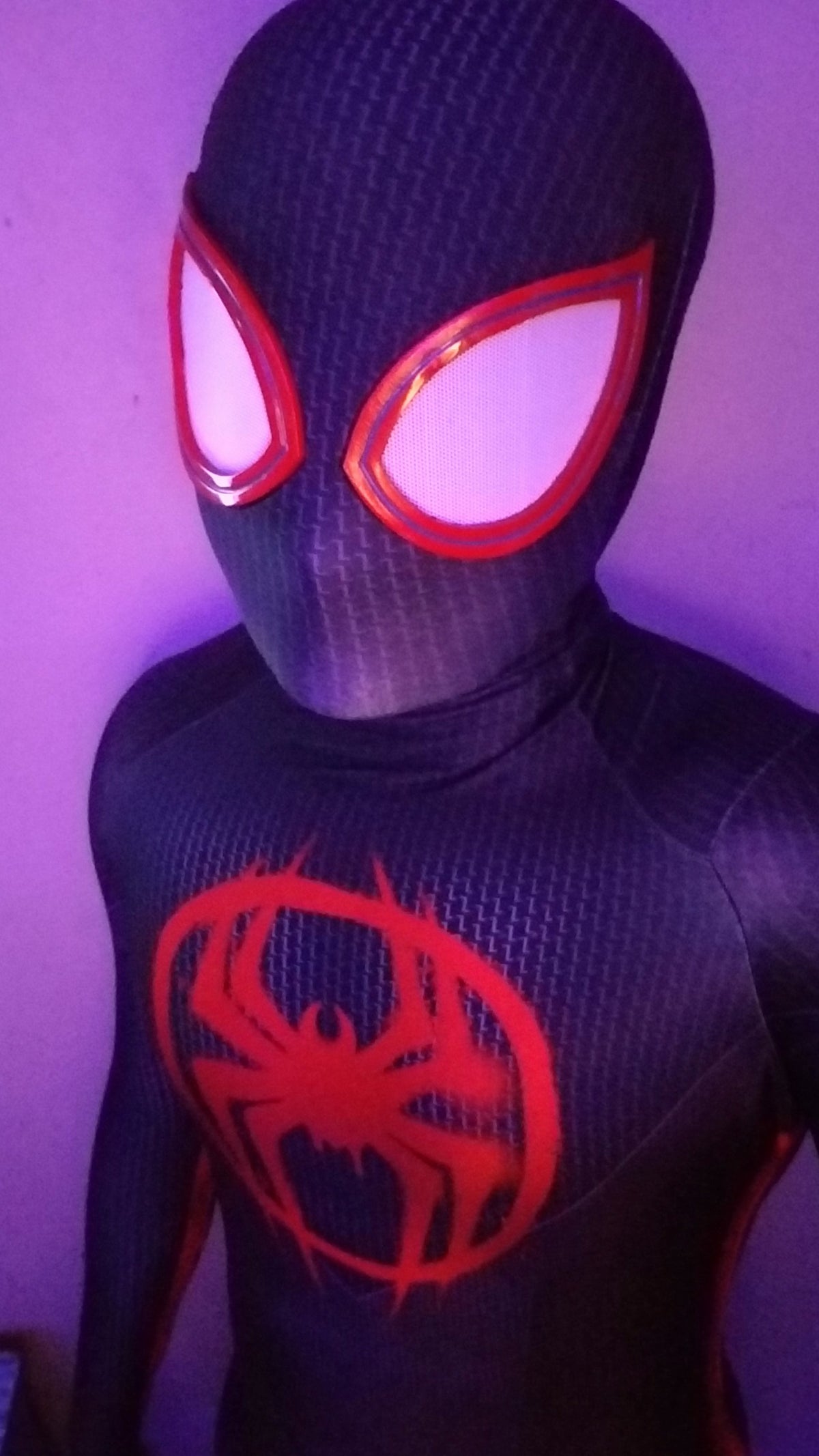 Person wearing a custom handmade Miles Morales Spider-Man Suit