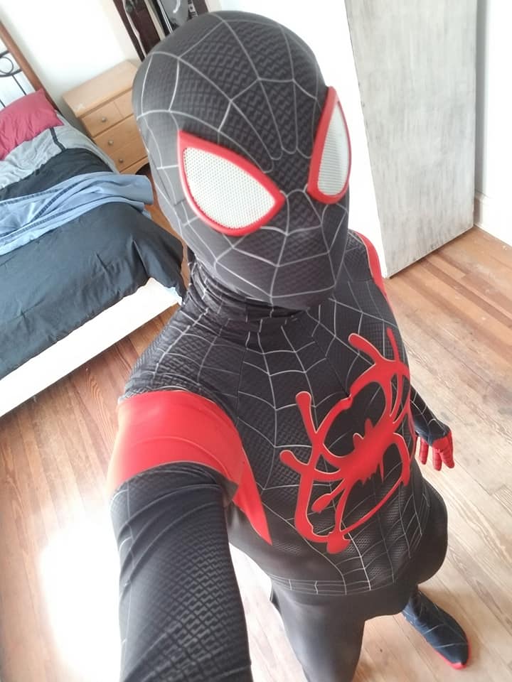 Person wearing a custom handmade Miles Morales Spider-Man Suit
