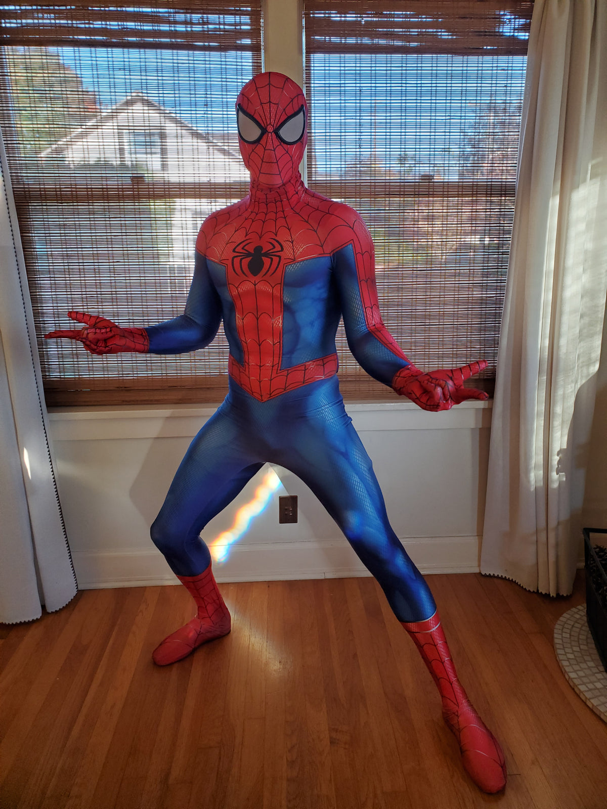 Person wearing a custom handmade Spideverse Peter Parker Spider-Man Suit