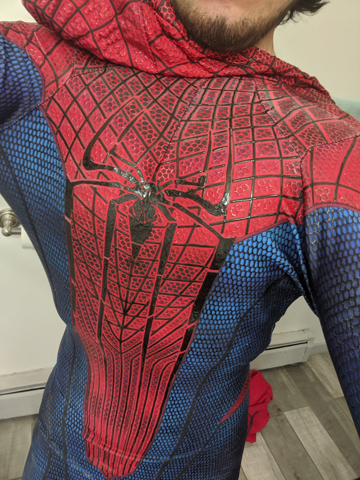 Person wearing a custom handmade TASM Amazing Spider-Man replica suit