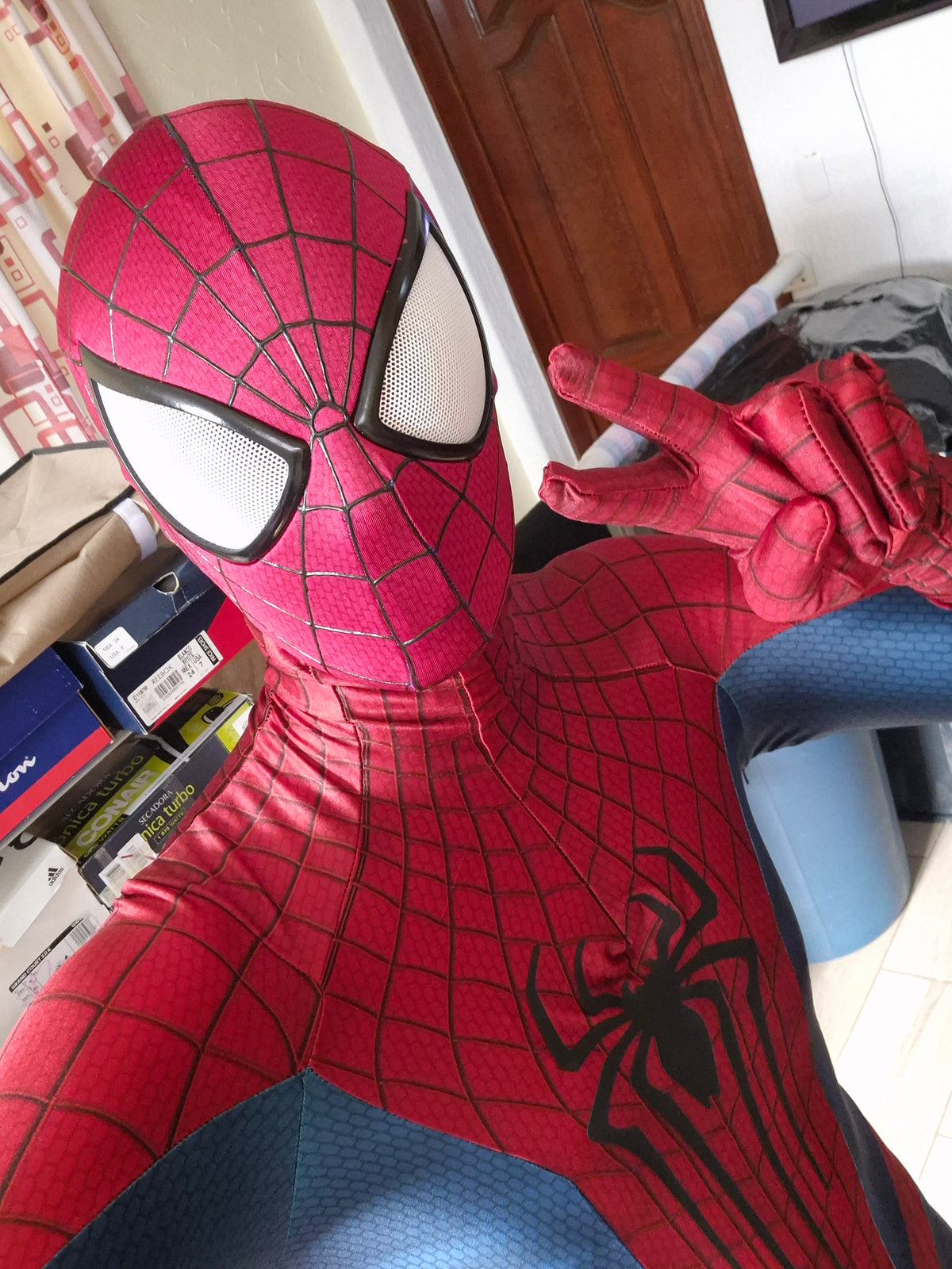 Person wearing a custom handmade TASM 2 Amazing Spider-Man 2 replica suit