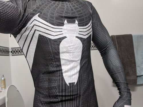 Person wearing a custom handmade Symbiote TASM Suit