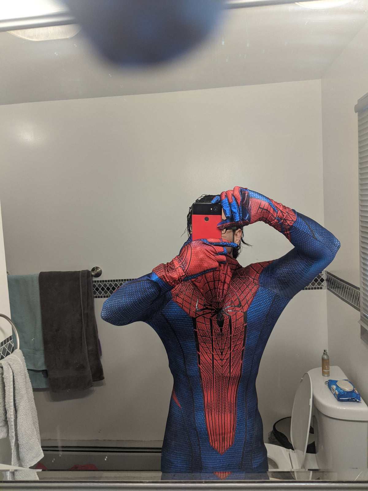 Person wearing a custom handmade TASM Amazing Spider-Man replica suit